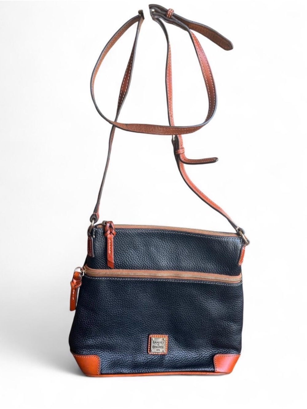 Navy Dooney & Bourke Navy Pebble Grain Leather Crossbody Bag with Tan Trim